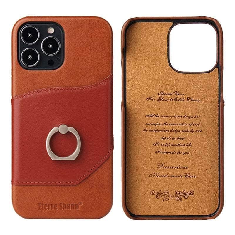 360° iPhone 15 Plus Ring Kickstand Real Leather Cover