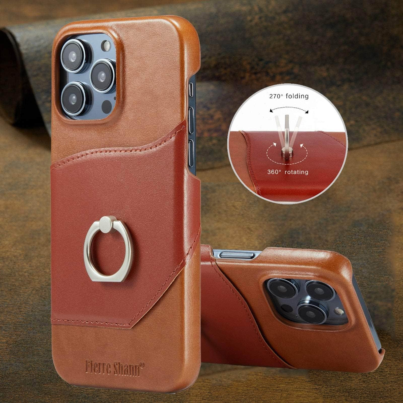 360° iPhone 15 Plus Ring Kickstand Real Leather Cover