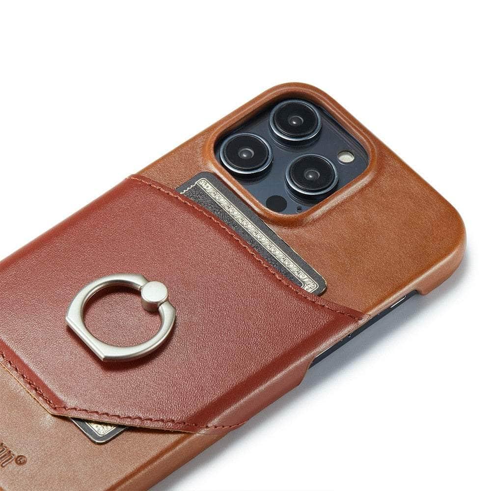 360° iPhone 15 Plus Ring Kickstand Real Leather Cover