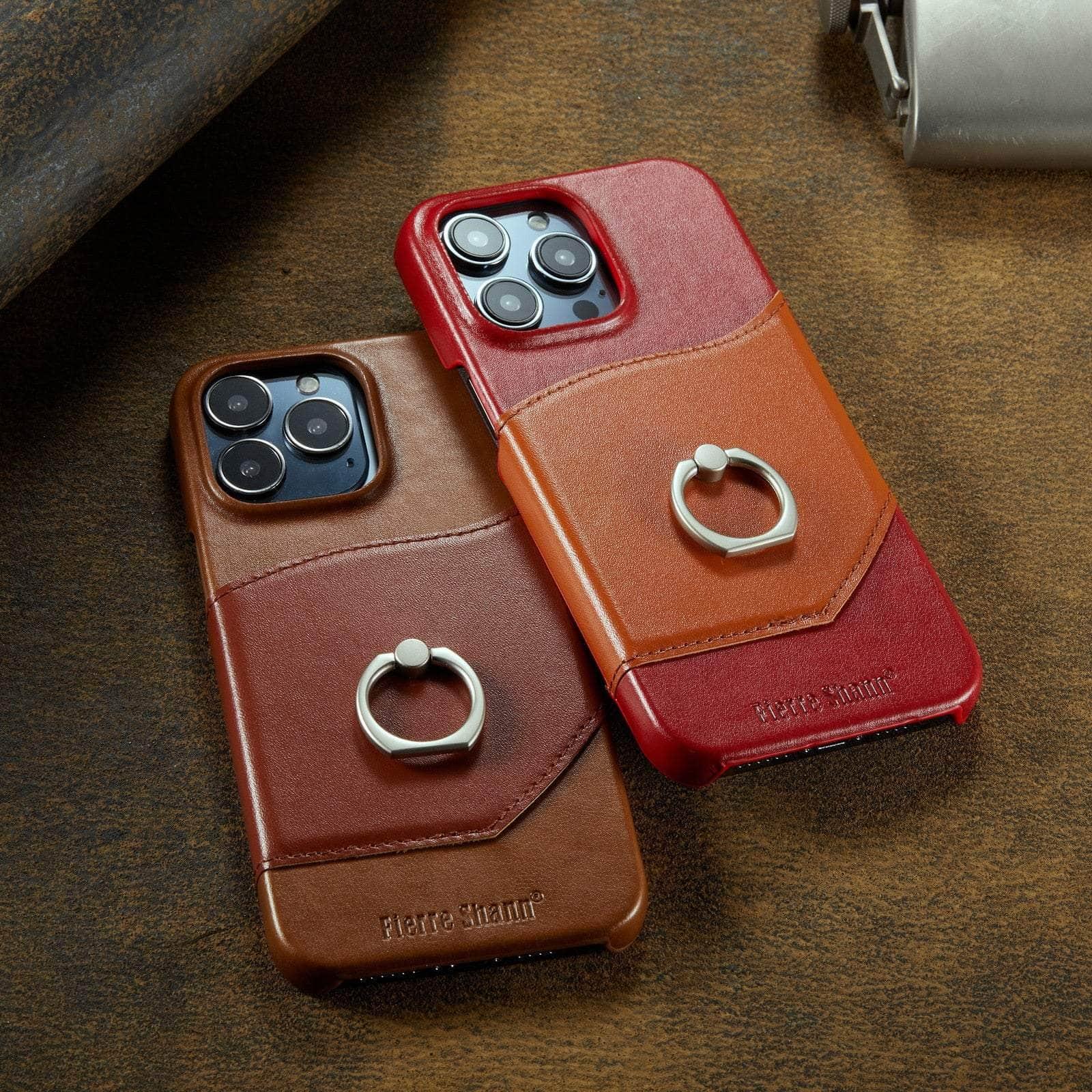 360° iPhone 15 Pro Ring Kickstand Real Leather Cover