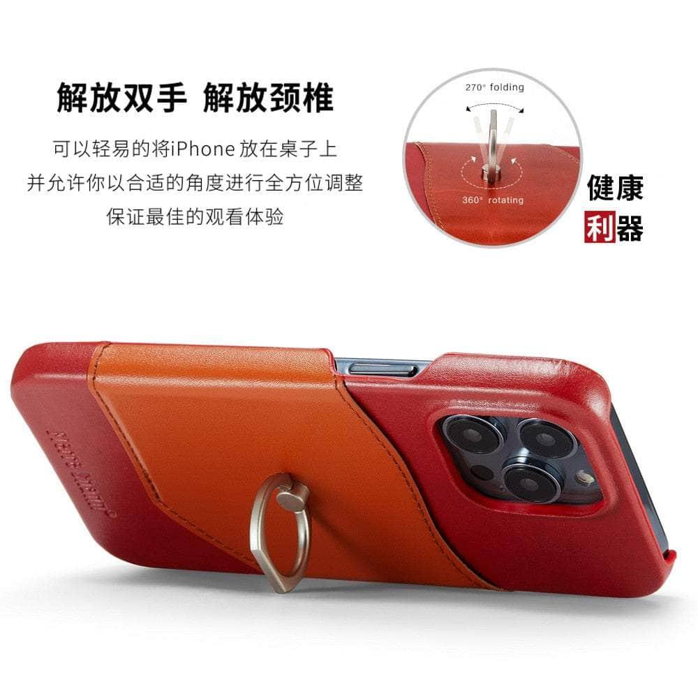 360° iPhone 15 Pro Ring Kickstand Real Leather Cover