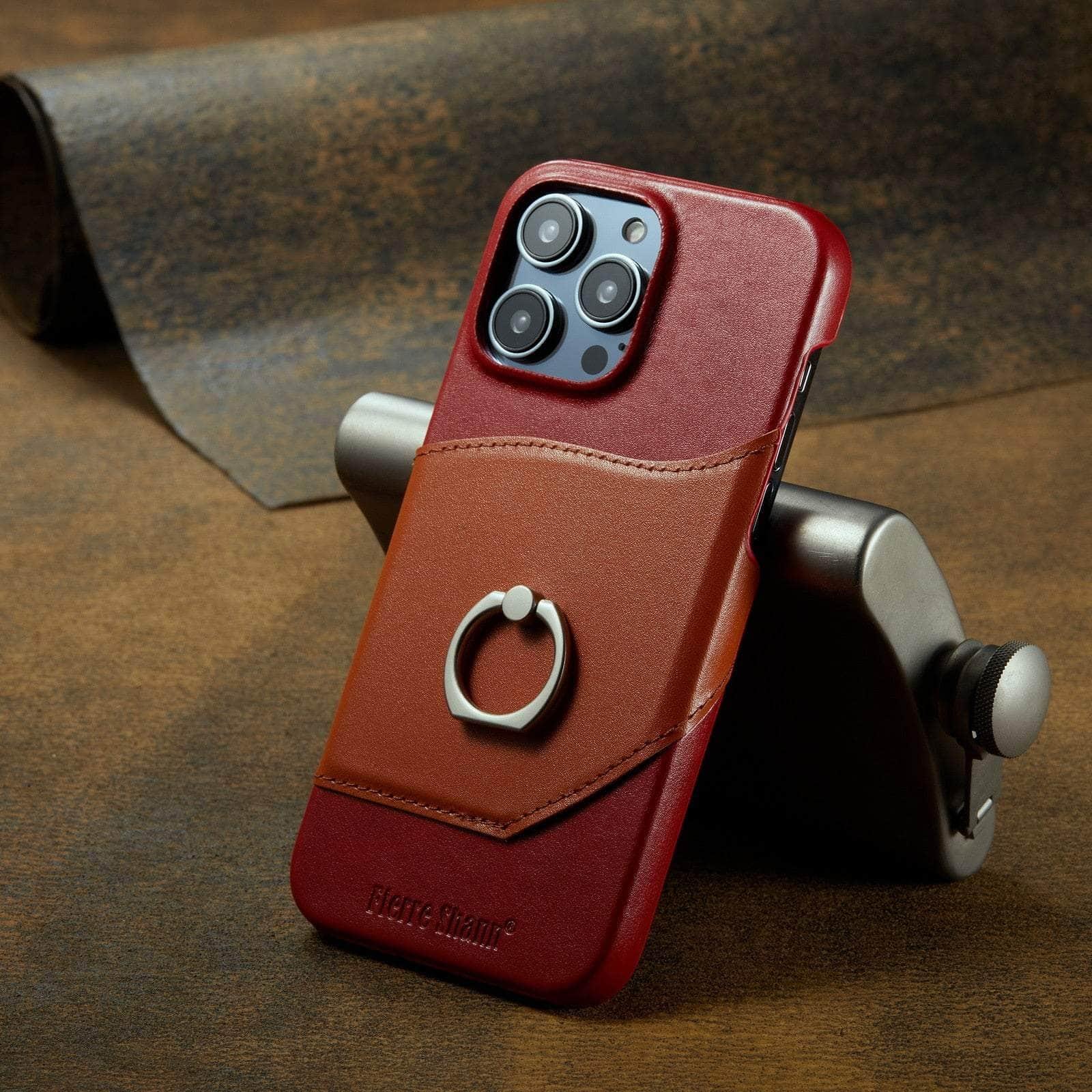 360° iPhone 15 Ring Kickstand Real Leather Cover