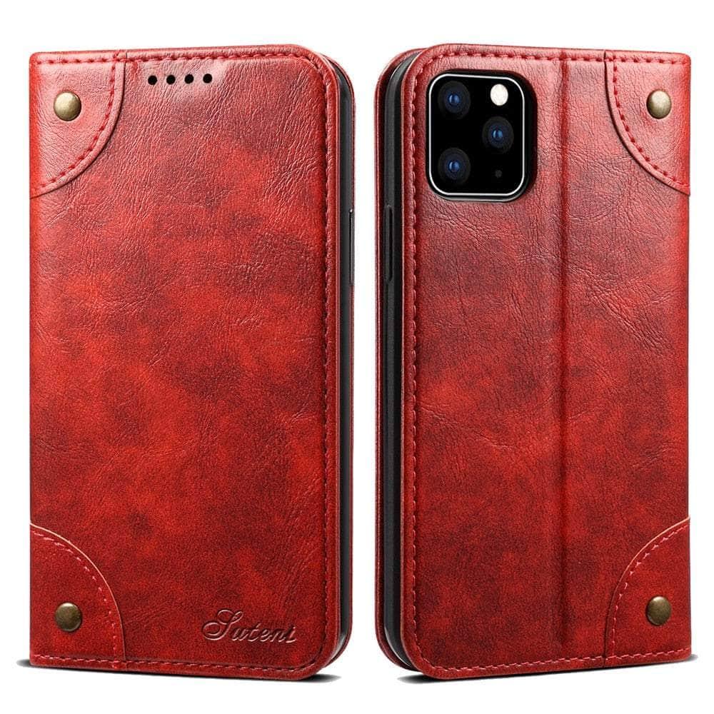 Casebuddy Red / For Iphone 15 Pro Classic iPhone 15 Pro Wallet Flip Genuine Leather Case