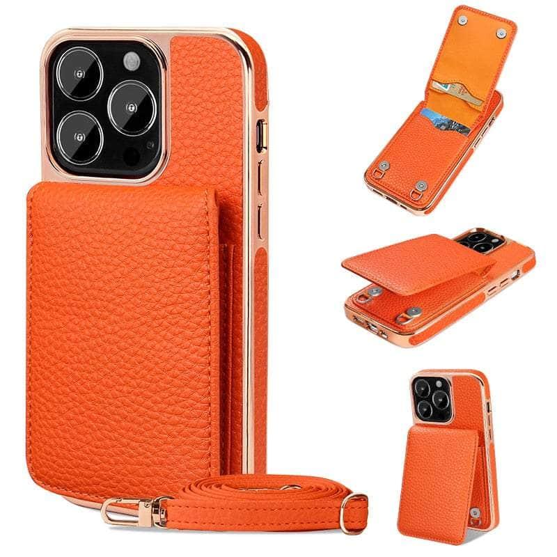 Casebuddy Orange / For iphone 14 Vietao Luxury Leather Wallet iPhone 14 Cover