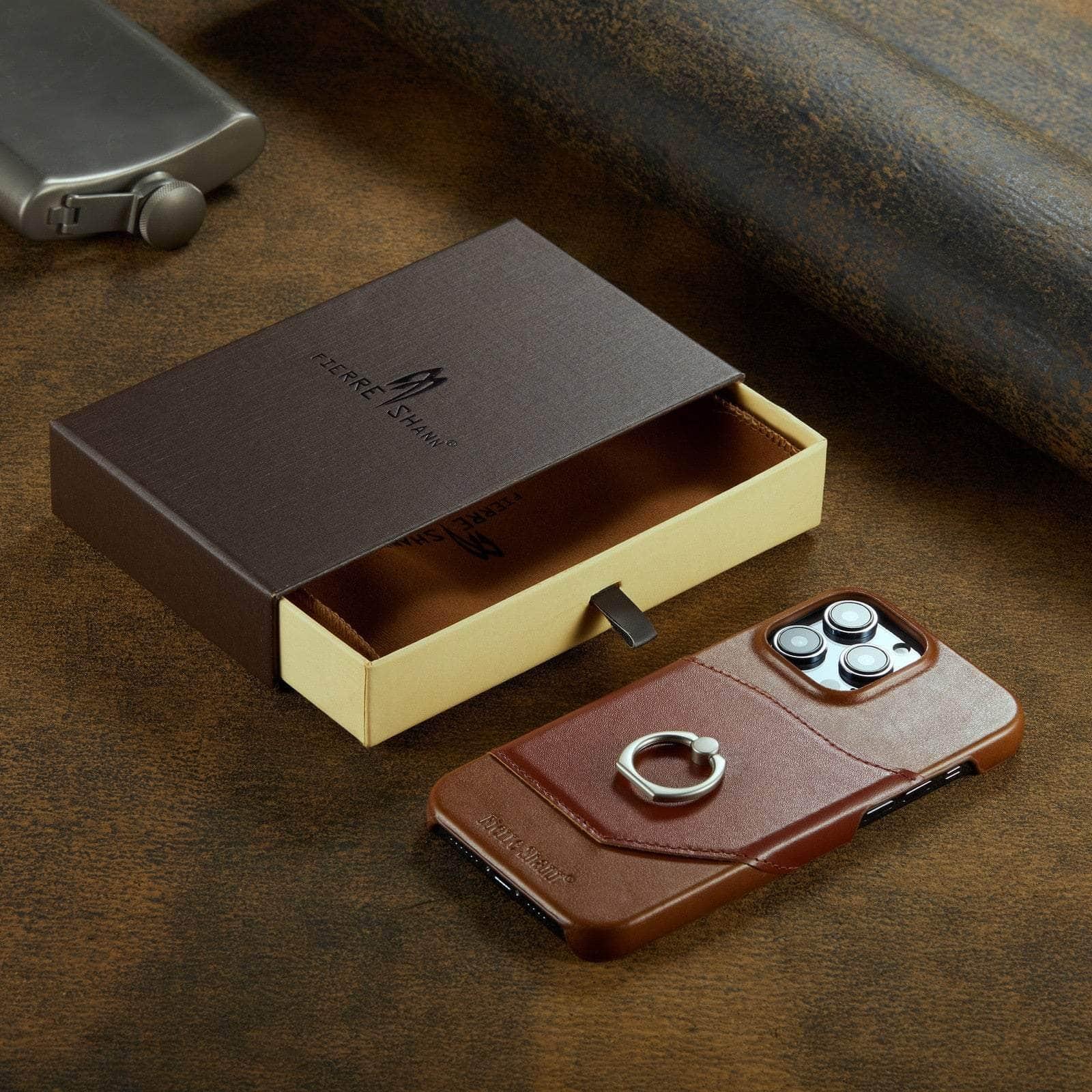360° iPhone 15 Plus Ring Kickstand Real Leather Cover
