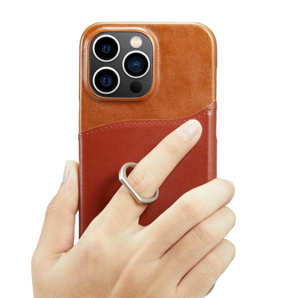 360° iPhone 15 Pro Ring Kickstand Real Leather Cover