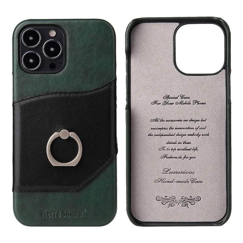 360° iPhone 15 Pro Ring Kickstand Real Leather Cover