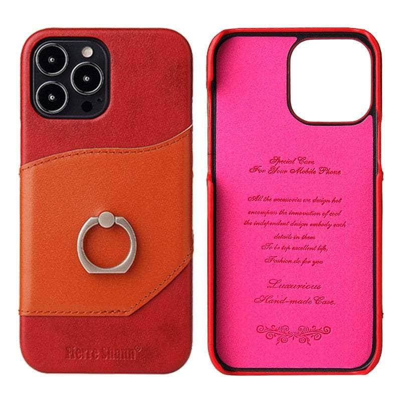 360° iPhone 15 Pro Ring Kickstand Real Leather Cover