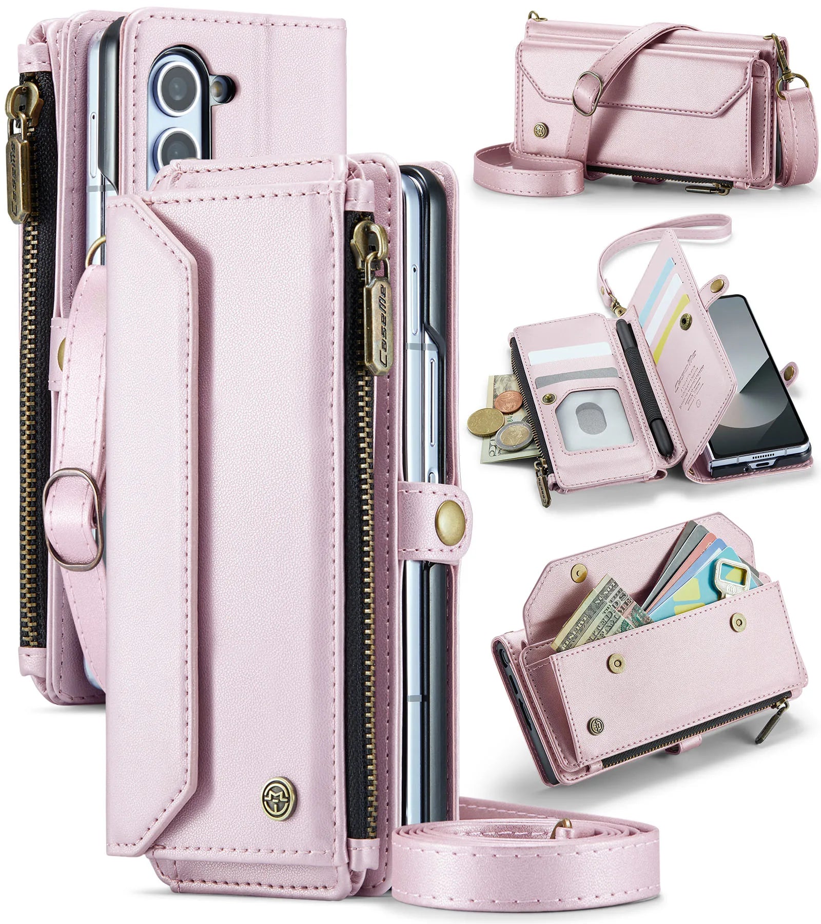 Galaxy Z Fold 7 Leather Strap Zipper Card Holder Wallet
