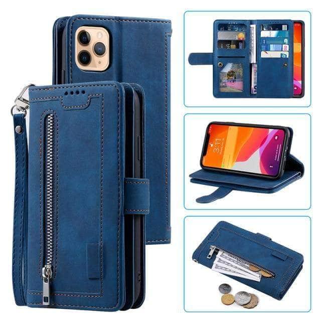 CaseBuddy Australia Casebuddy For iPhone 13 / Blue 9 Cards Zipper Flip iPhone 13 & 13 Pro Leather Case