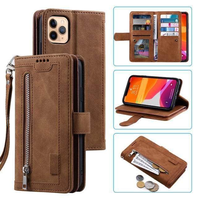 CaseBuddy Australia Casebuddy For iPhone 13 / Brown 9 Cards Zipper Flip iPhone 13 & 13 Pro Leather Case