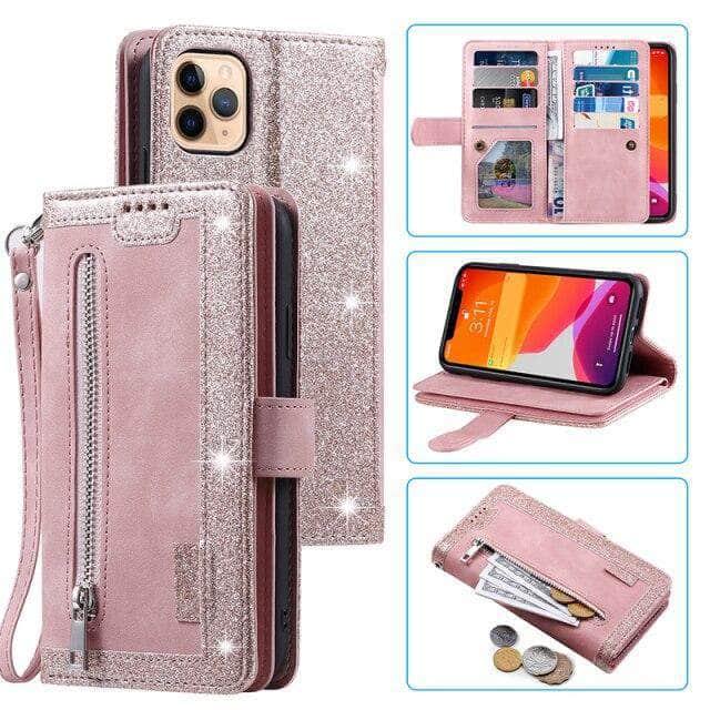 CaseBuddy Australia Casebuddy For iPhone 13Pro Max / Rose Gold 9 Cards Zipper Flip iPhone 13 Pro Max Leather Case