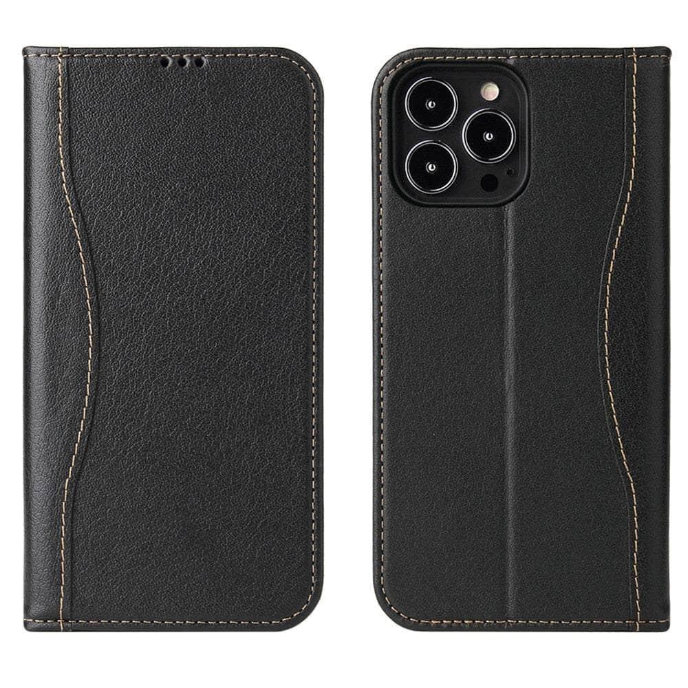 Casebuddy black / for iPhone14 Pro Max iPhone 14 Pro Max Real Genuine Leather Magnetic Flip Cover
