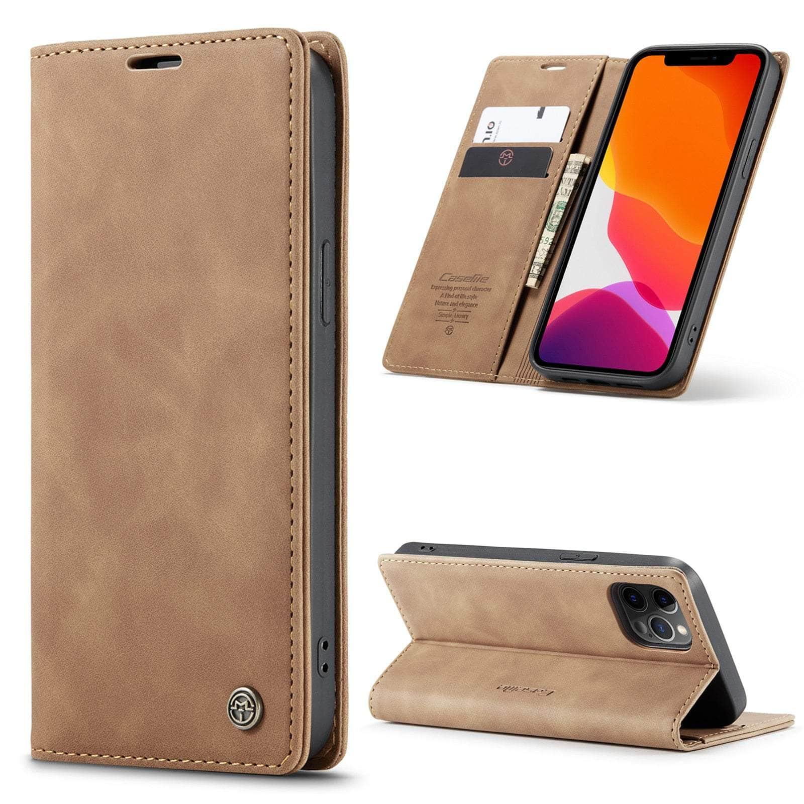 Casebuddy For iPhone 14 / Dark Brown CaseMe iPhone 14 Retro Magnetic Card Leather Wallet