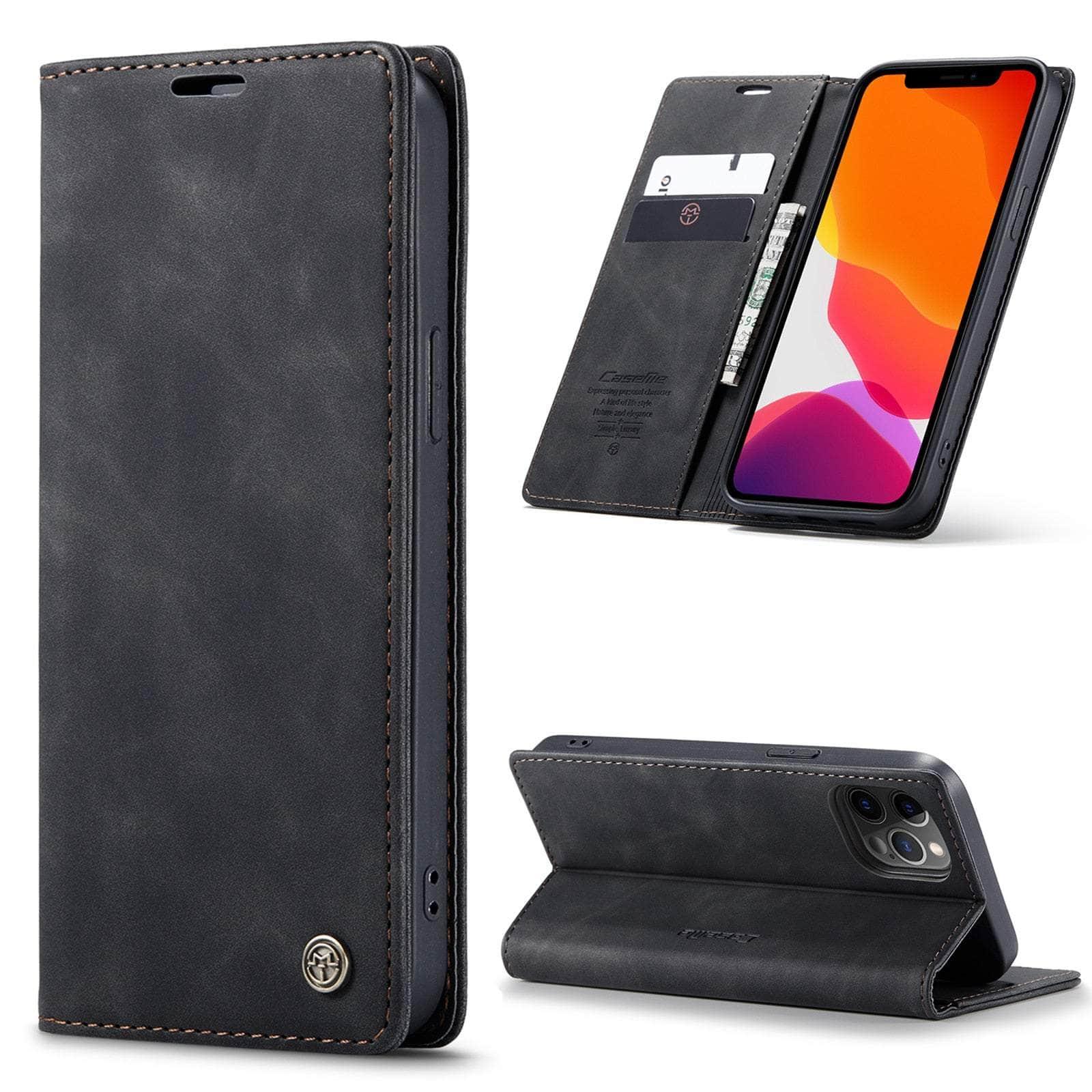 Casebuddy For iPhone 14 / Black CaseMe iPhone 14 Retro Magnetic Card Leather Wallet