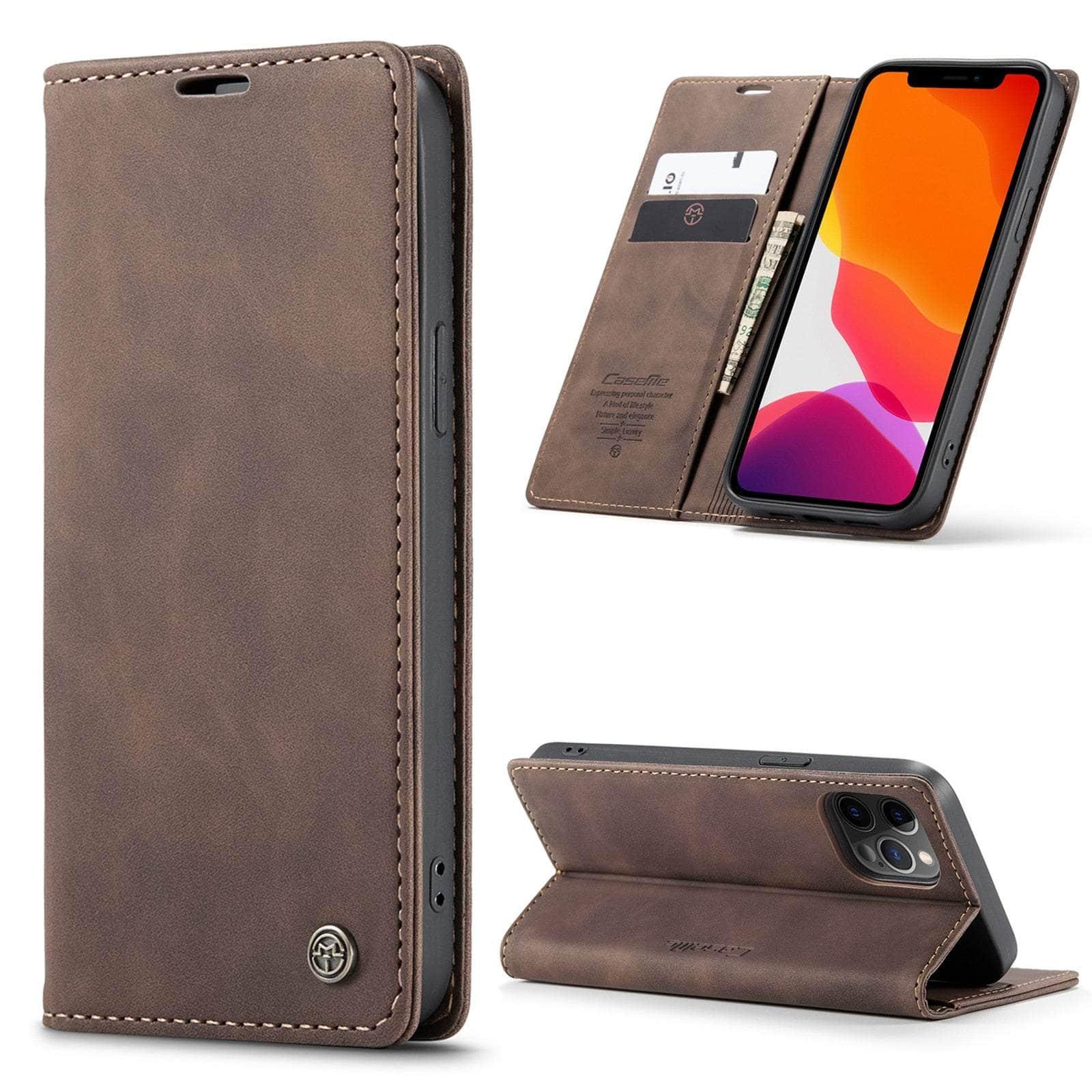 Casebuddy For iPhone 14 / Camel CaseMe iPhone 14 Retro Magnetic Card Leather Wallet