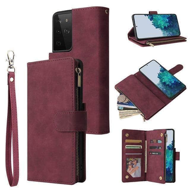 CaseBuddy Australia Casebuddy For Samsung S21 / Wine Red Galaxy S21 Zipper Wallet Leather Phone Case