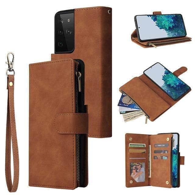 CaseBuddy Australia Casebuddy For Samsung S21 / Brown Galaxy S21 Zipper Wallet Leather Phone Case