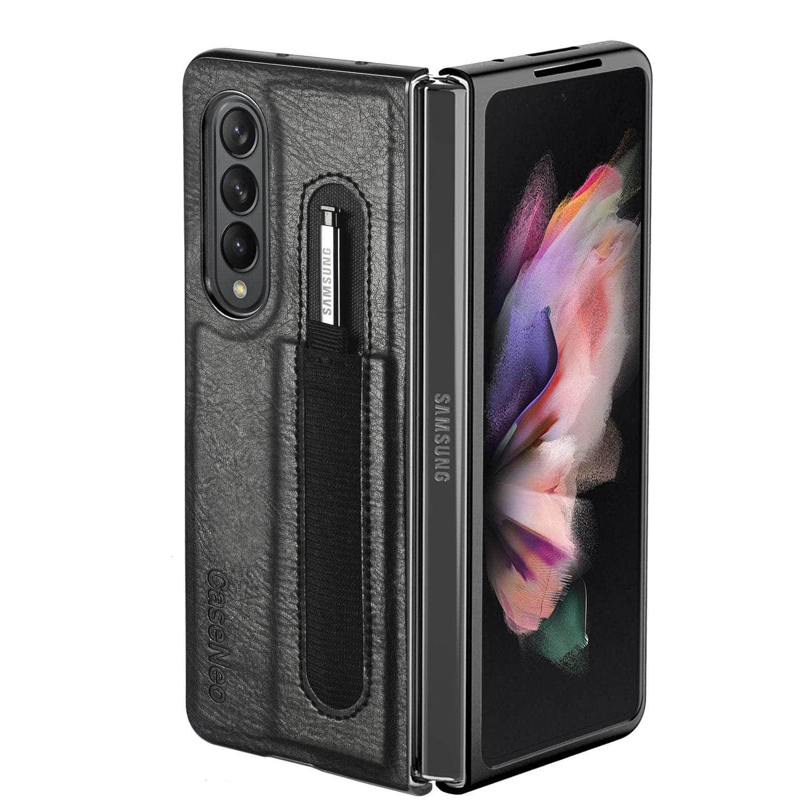 Casebuddy Black / for Samsung Z Fold4 Galaxy Z Fold 4 Slim Thin Pen Holder Leather Case