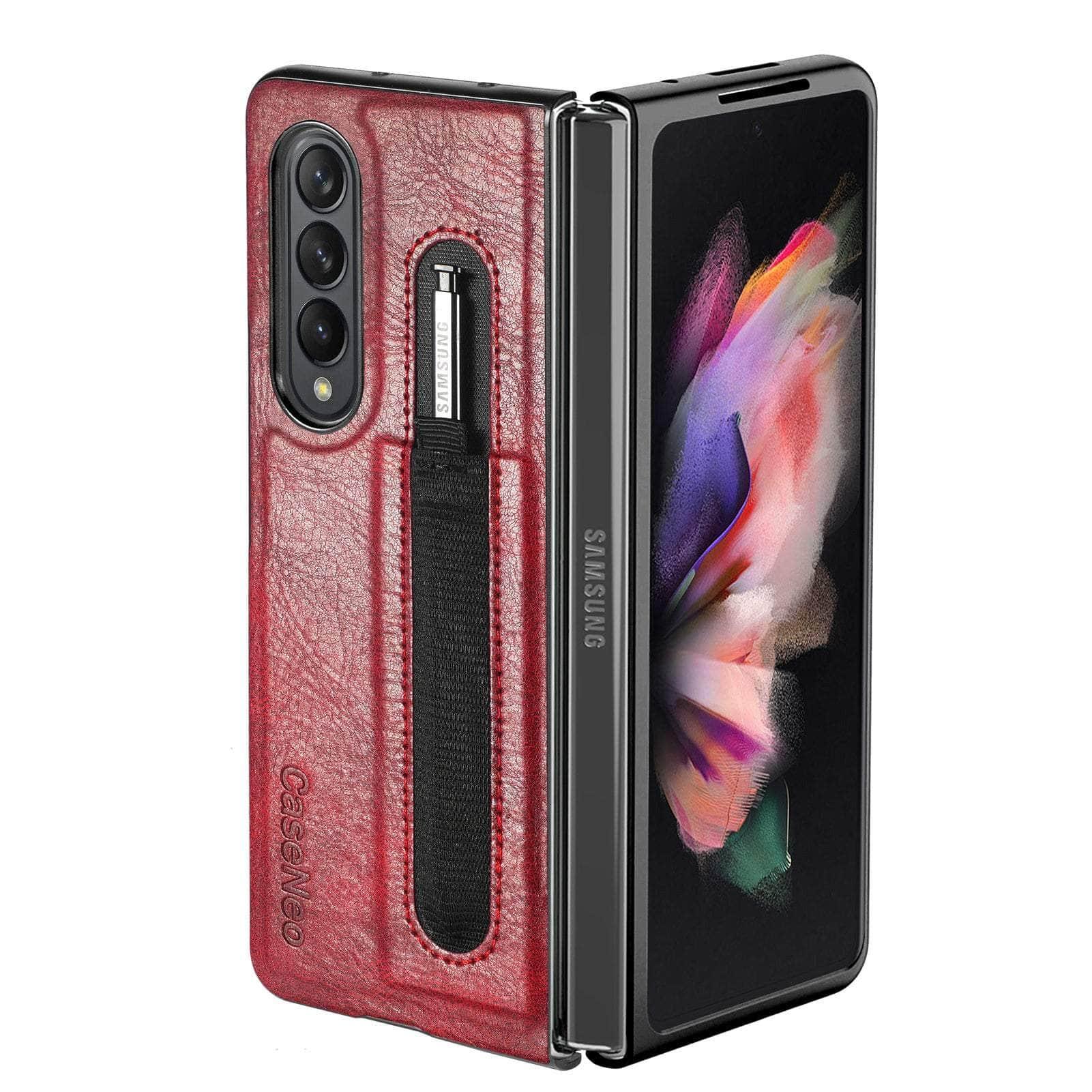 Casebuddy Red / for Samsung Z Fold4 Galaxy Z Fold 4 Slim Thin Pen Holder Leather Case