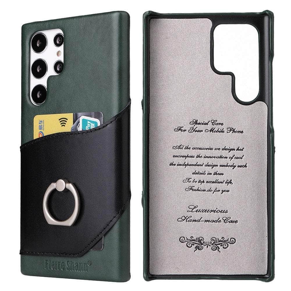 CaseBuddy Australia Casebuddy Genuine Leather Back Cover Metal Ring Finger Holder S22 Card Pocket