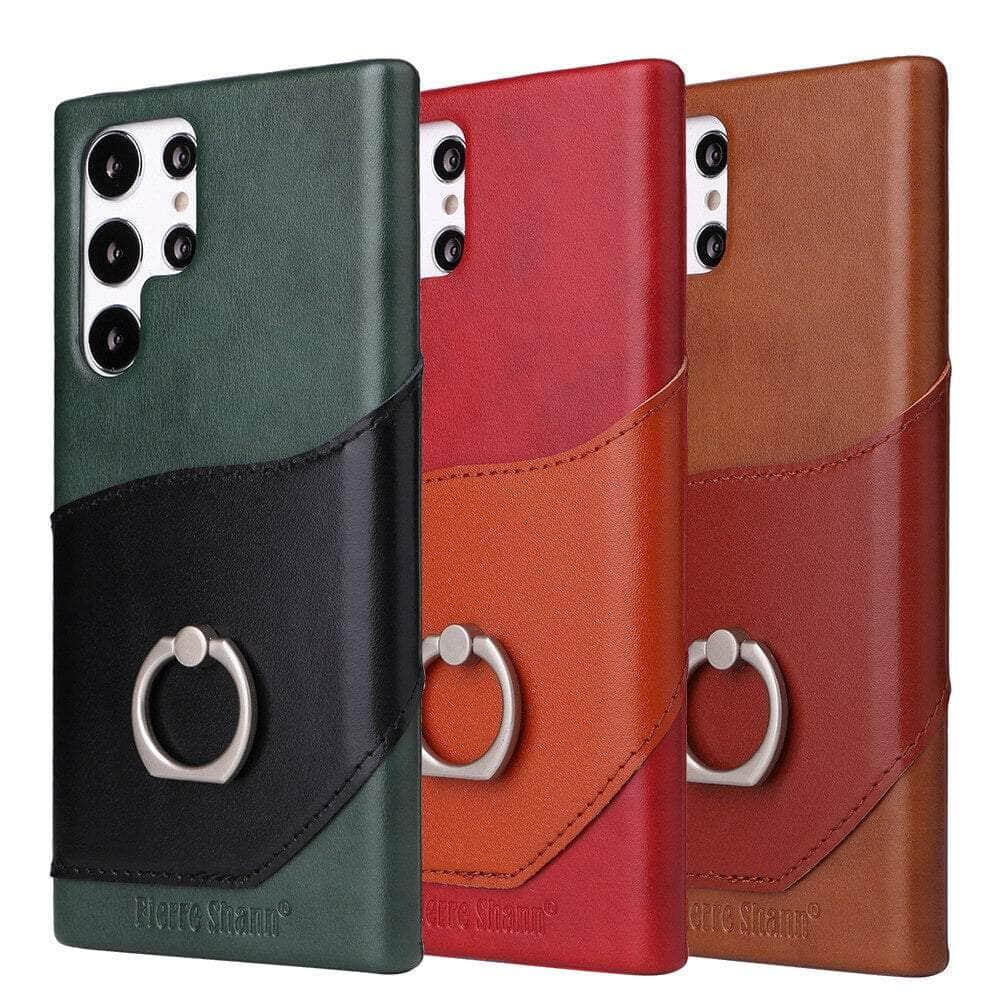 CaseBuddy Australia Casebuddy Genuine Leather Back Cover Metal Ring Finger Holder S22 Ultra Card Pocket