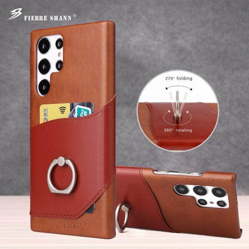 CaseBuddy Australia Casebuddy Genuine Leather Back Cover Metal Ring Finger Holder S22 Ultra Card Pocket