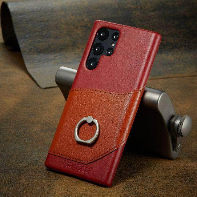 CaseBuddy Australia Casebuddy S22 Ultra / red brown Genuine Leather Back Cover Metal Ring Finger Holder S22 Ultra Card Pocket