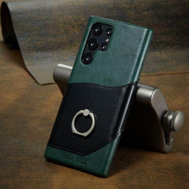 CaseBuddy Australia Casebuddy S22 Ultra / black green Genuine Leather Back Cover Metal Ring Finger Holder S22 Ultra Card Pocket
