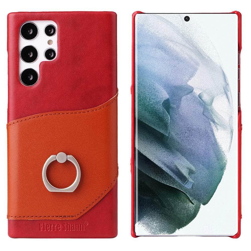 CaseBuddy Australia Casebuddy Genuine Leather Back Cover Metal Ring Finger Holder S22 Ultra Card Pocket