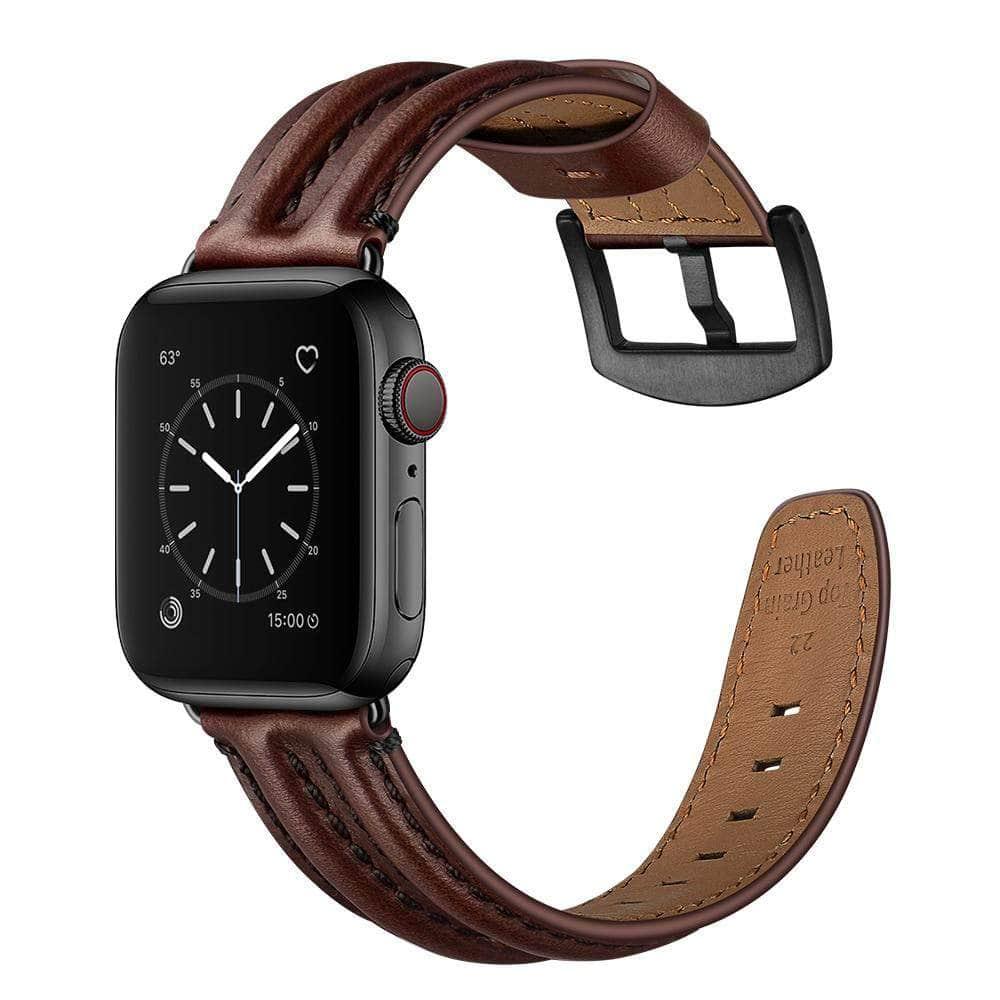 Genuine Leather Strap Apple Watch 3 4 5 6 SE Band 44/40/42/38 Double Keel Belt - CaseBuddy