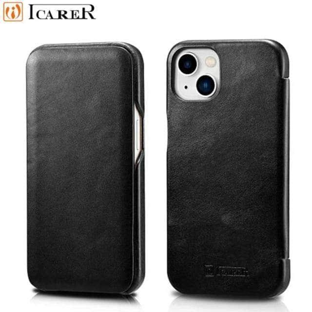 CaseBuddy Australia Casebuddy For iPhone 13 / Black iCarer Genuine Leather Flip iPhone 13 Case