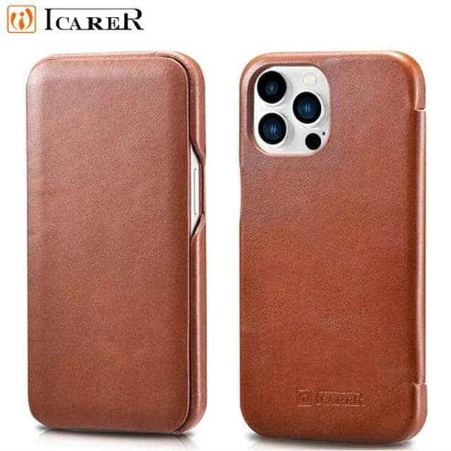 CaseBuddy Australia Casebuddy For iPhone 13 / Brown iCarer Genuine Leather Flip iPhone 13 Case