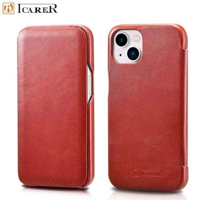 CaseBuddy Australia Casebuddy For iPhone 13 Mini / Red iCarer Genuine Leather Flip iPhone 13 Mini Case