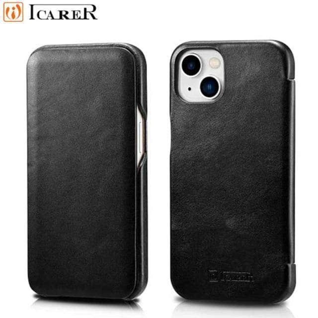 CaseBuddy Australia Casebuddy For iPhone 13 Pro / Black iCarer Genuine Leather Flip iPhone 13 Pro Case
