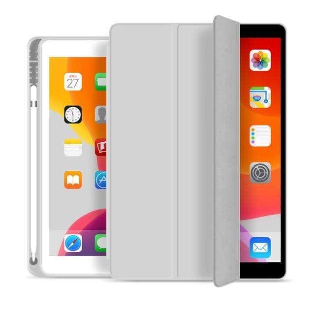 CaseBuddy Casebuddy Gray iPad 10.2 2019/2020 (iPad 7/8) Pencil Holder Slim Tri-fold PU Leather Smart Cover