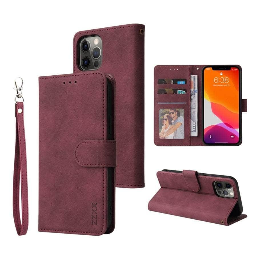 Casebuddy Wine red / iPhone 14 Max iPhone 14 Max Wallet Lanyard Credit Card Case