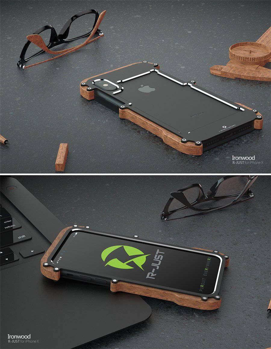 iPhone X Natural Wood Case Aluminum Metal Frame R-Just - CaseBuddy