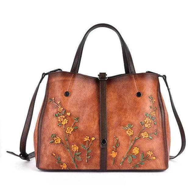 CaseBuddy Australia Casebuddy brown Nesitu A4 Flower Pattern Genuine Leather Women Handbag