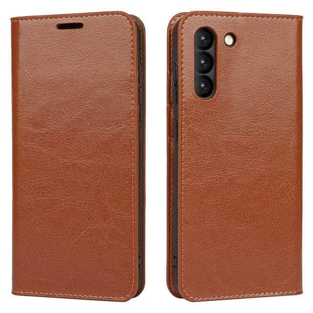 CaseBuddy Australia Casebuddy Galaxy S22 Plus / Brown Real Genuine Leather Flip S22 Plus Cover Credit Card Holder