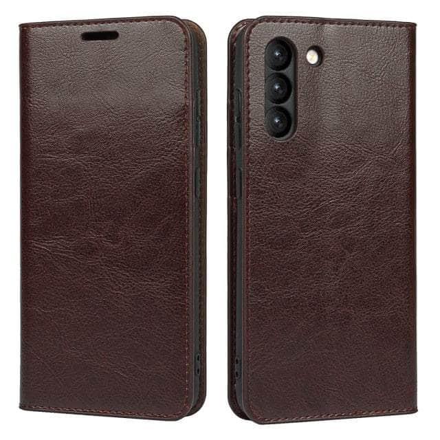CaseBuddy Australia Casebuddy Galaxy S22 Ultra / Coffee Real Genuine Leather Flip S22 Ultra Cover Credit Card Holder