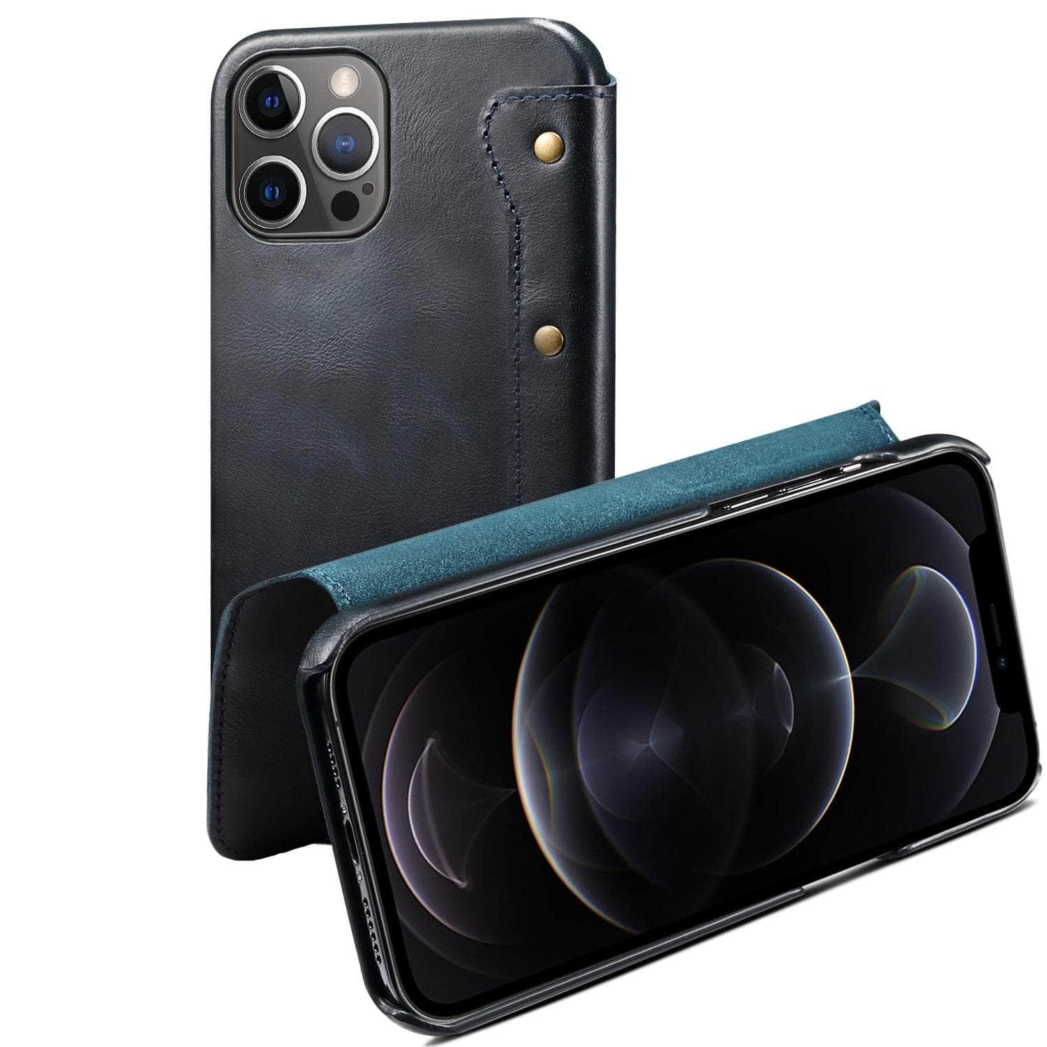 Casebuddy Blue / For Iphone 14 Real Leather iPhone 14 Leather Retro Wallet Case
